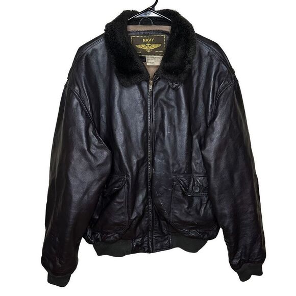Navy Landing Leathers Dark Brown Fur Collar Genuine Leather Bomber Jacket Large - Picture 1 of 6
